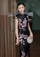 Black Silk Floral Qipao Dress | Slim-Fit Long Mandarin