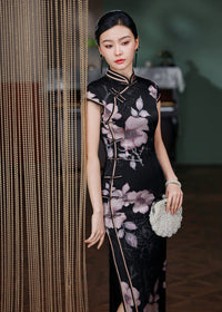 Black Silk Floral Qipao Dress | Slim-Fit Long Mandarin