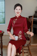 Acetate Stretch Satin Embroidered Qipao Midi | Mandarin Collar