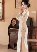 Ivory Vintage Jacquard Qipao with Lantern Sleeves