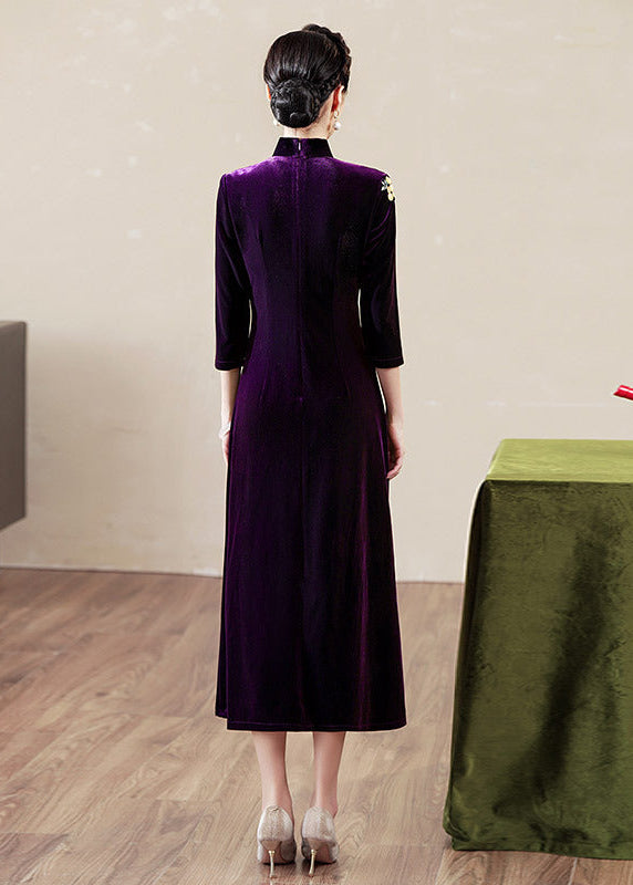 Embroidered Modern Qipao Maxi | Wine Red/Purple/Black | Mandarin Collar 3/4 Sleeves