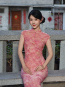 Pink Flocked Floral Print Sleeveless Mandarin Qipao Dress|Slim Mid Cheongsam