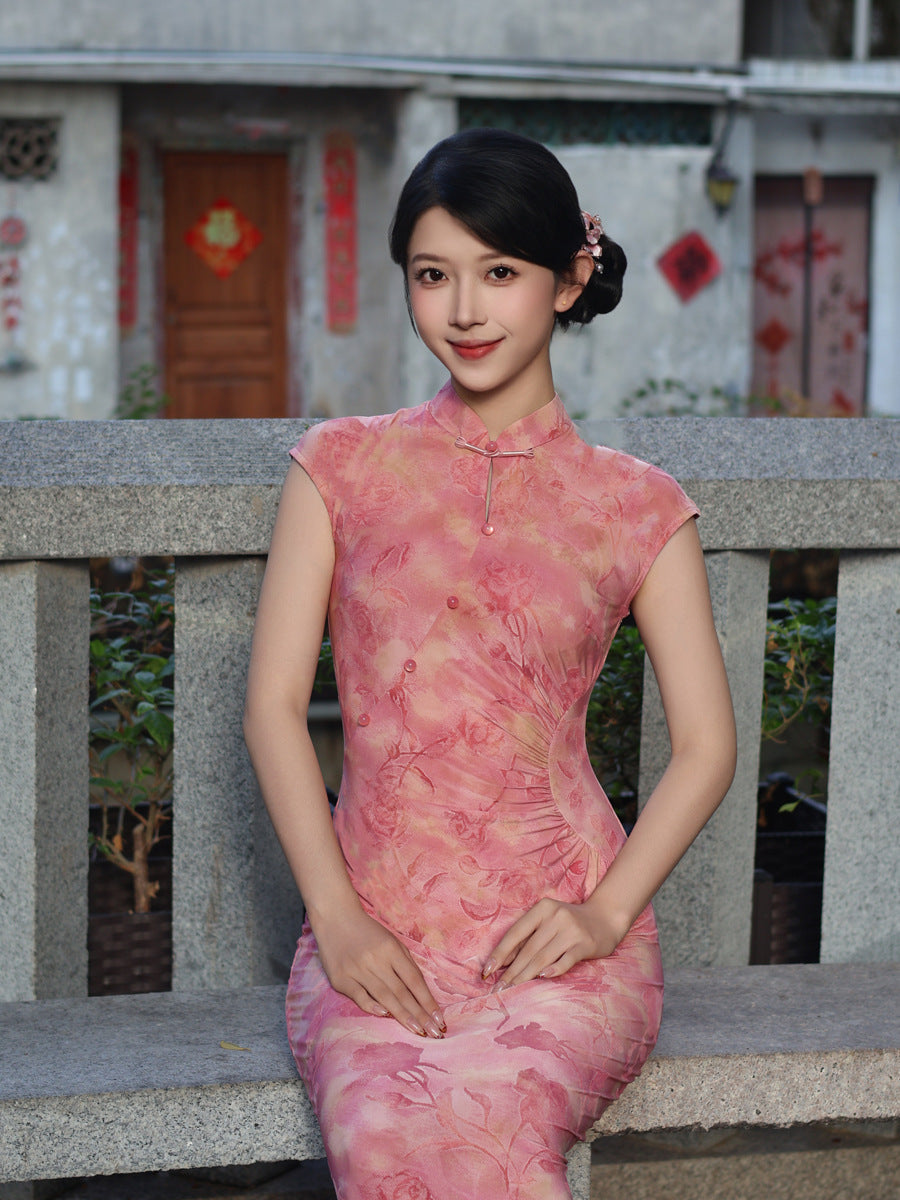 Pink Flocked Floral Print Sleeveless Mandarin Qipao Dress|Slim Mid Cheongsam