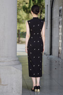 Black Sleeveless Jacquard Qipao | Slim Maxi Side-Slit Vintage-Elegant Gown