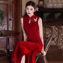 Red Butterfly Embroidered Qipao Gown | Mandarin Collar Slim Fit Dress, Elegant Design