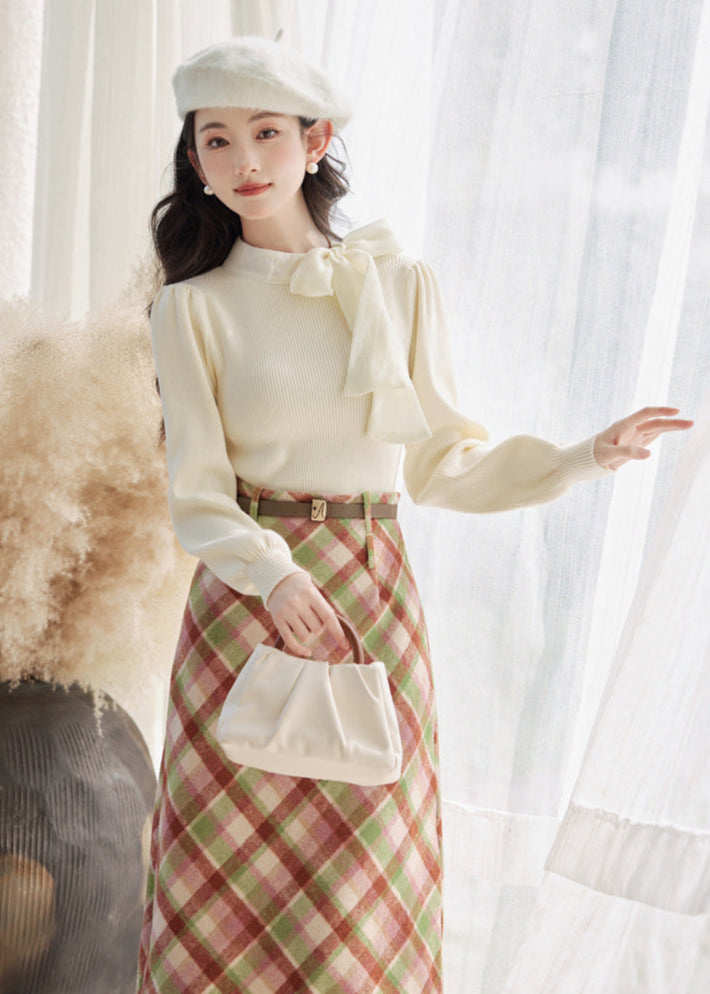 High-Waist Plaid Wool Skirt Set | Two Knit Tops Options