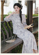 Mist-Grey Ink-Print Modern Hanfu Set | Mandarin-Collar Puff-Sleeve Top & High-Waist Skirt