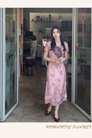 Elegant Pink Cherry Blossom Cheongsam Dress with Delicate Button Detailing