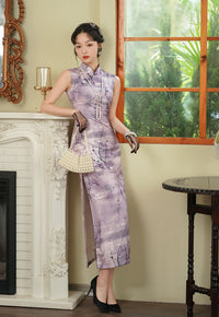 Purple Floral Branch Qipao Dress for Women | Mandarin Collar Frog Button Slim Fit Elegant Dress