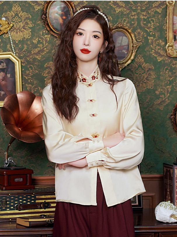 Silk Mandarin Collar Blouse With Embroidered Buttons - Elegant Traditional Design