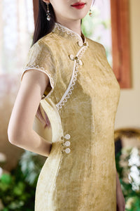 Lemon-Yellow Modern Qipao Midi | Short Sleeves, Mandarin Neck with Diagonal Beaded Frogs