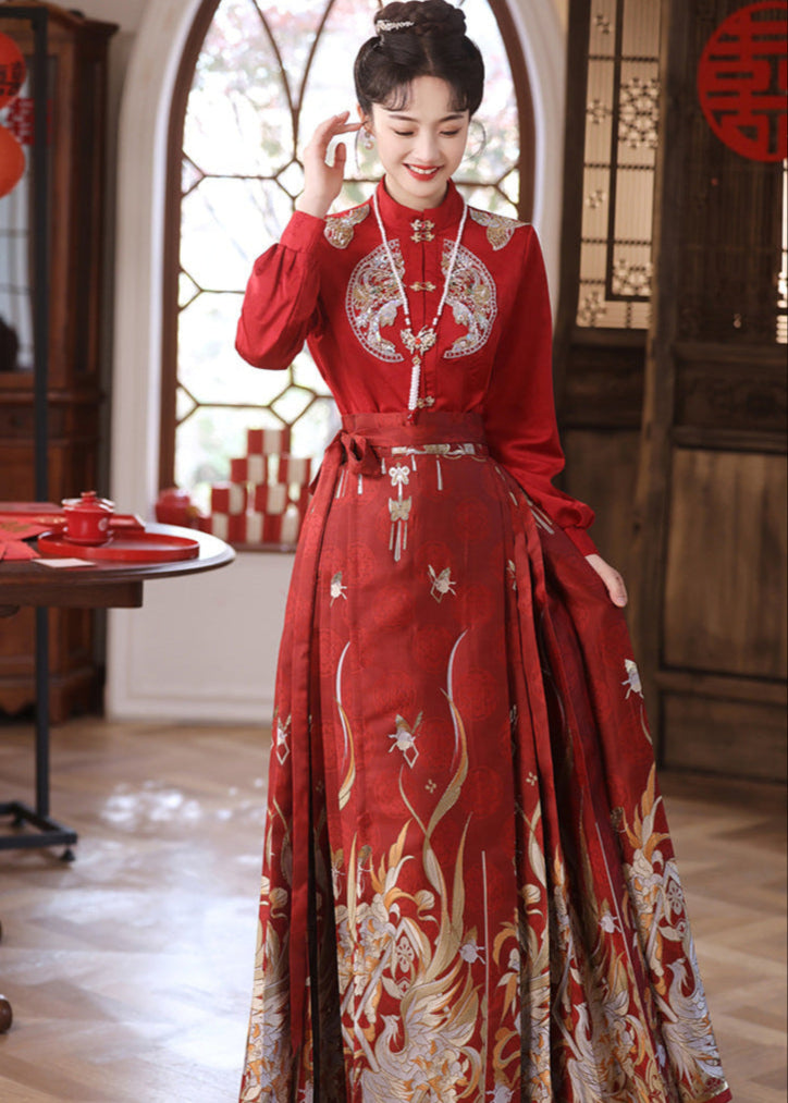 Red Mamianqun Bridal Toast Dress Set | Detachable Warm Cape