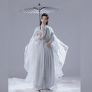 White Traditional Chinese Hanfu Costume for Men | Elegant Embroidered Robe with Long Sleeves and Umbrella