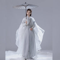 White Traditional Chinese Hanfu Costume for Men | Elegant Embroidered Robe with Long Sleeves and Umbrella
