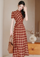 Red Check Modern Chinese Qipao Dress | Picnic & Day Trip Ready