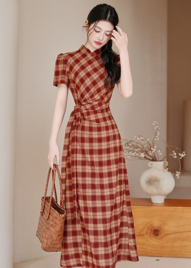 Red Check Modern Chinese Qipao Dress | Picnic & Day Trip Ready
