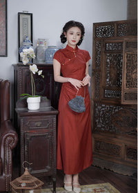 Loose-Fit Red Modern Qipao Dress | Mandarin Collar, Frog Buttons, Side-Slit Elegant Maxi