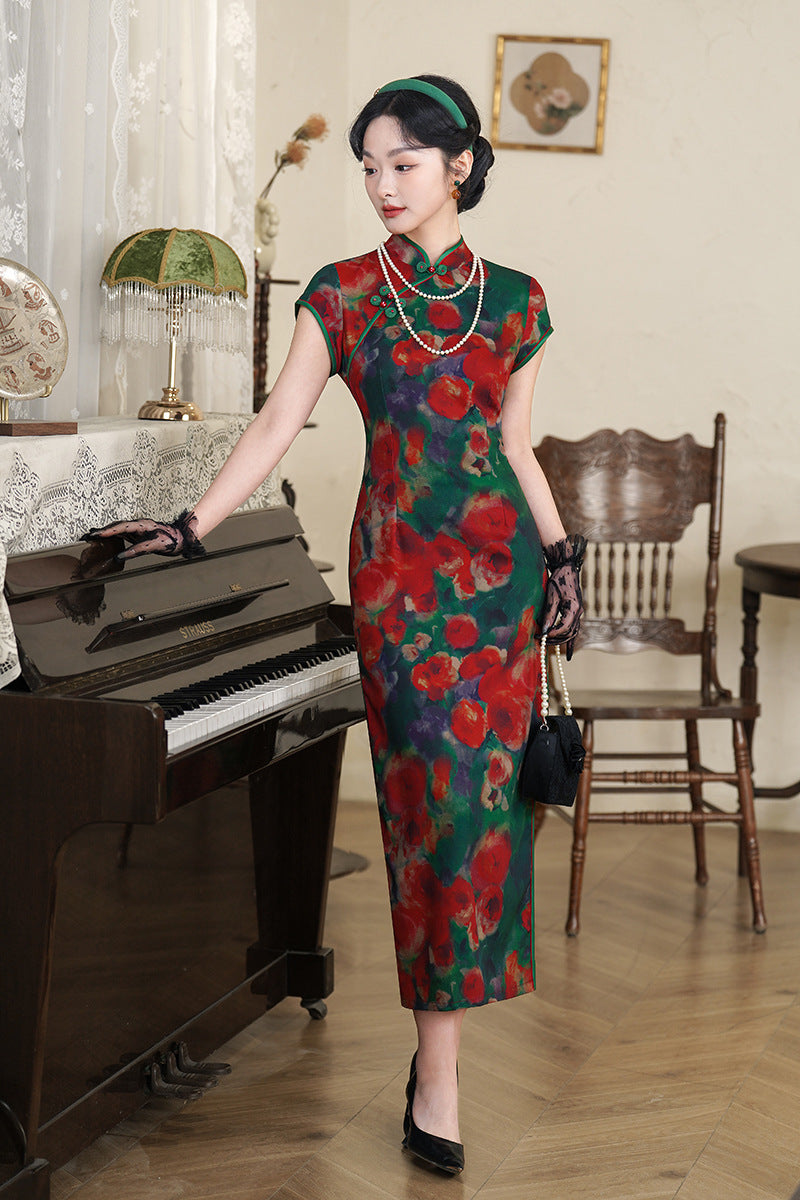 Vintage Oil-Paint Floral Qipao Long Dress | Red-Green Palette