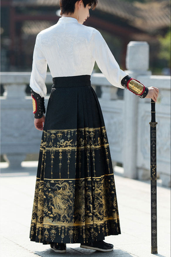 Men Traditional Hanfu Set with White Top and Black Golden Skirt