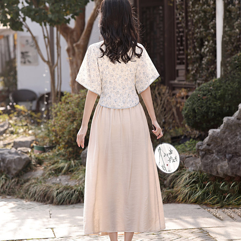 Elegant Floral Hanfu-Inspired Two-Piece Dress with Flowing Skirt