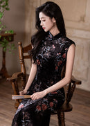Black Floral Vintage Sleeveless Slim Qipao Gown