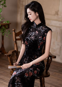 Black Floral Vintage Sleeveless Slim Qipao Gown