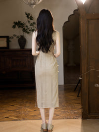 Cream Open-Knit Qipao Dress | Sleeveless Slim Midi