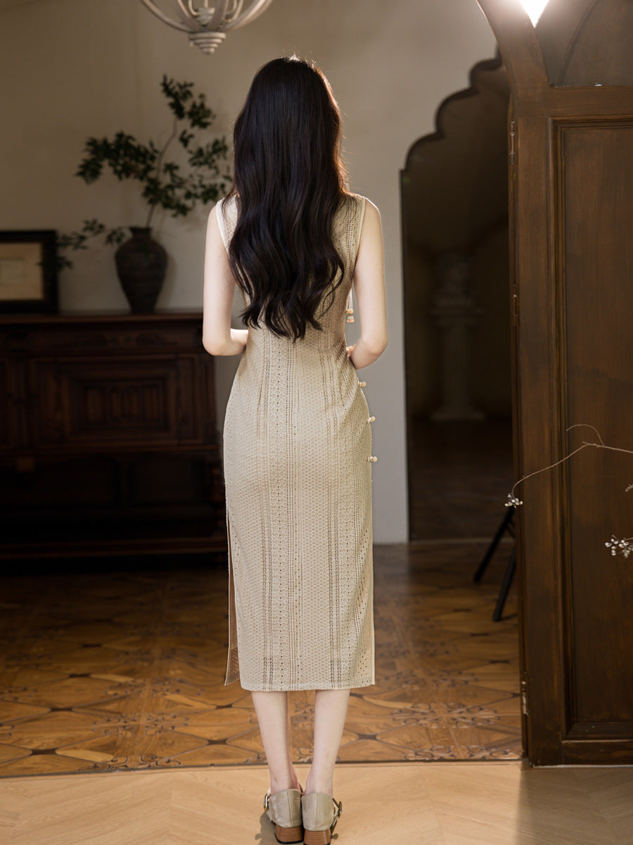 Cream Open-Knit Qipao Dress | Sleeveless Slim Midi
