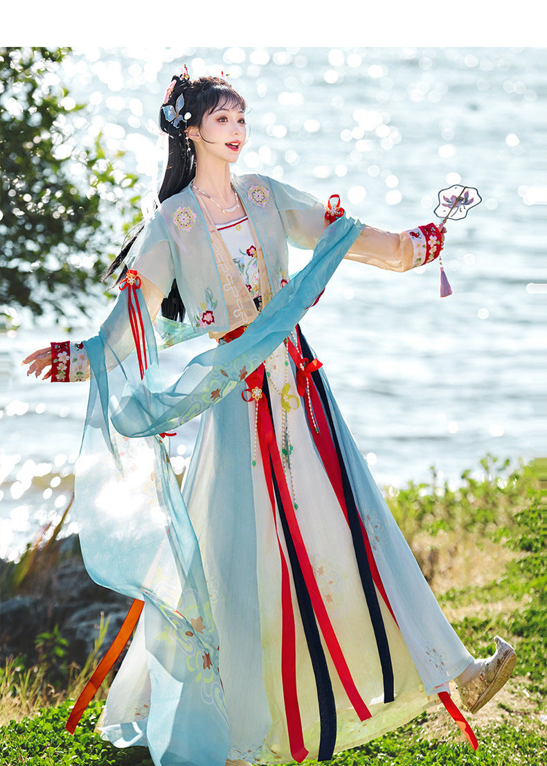 Sheer Shawl Hanfu Set | Embroidered Jacket & Chest-High Skirt