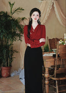 Modern Chinese Two-Piece Set – Red Pleated Top with Frog Buttons | High-Waist Straight Maxi Skirt
