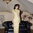Yellow Vintage Floral Sleeveless Qipao Dress | Mandarin Collar Slim Midi Cheongsam