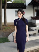 Navy Minimalist Short Sleeve Qipao Dress | Mandarin Collar Slim Maxi Cheongsam