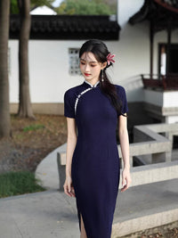 Navy Minimalist Short Sleeve Qipao Dress | Mandarin Collar Slim Maxi Cheongsam