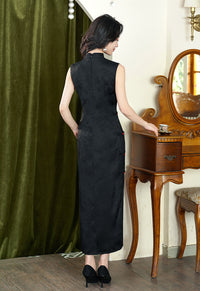 Vintage Black Double-Layer Jacquard Cheongsam Dress | Sleeveless