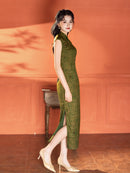 Green Jacquard Sleeveless Qipao Dress | Mandarin Collar Slim Maxi Cheongsam