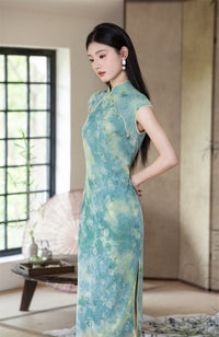 Misty Blue-Green Watercolour Floral Qipao Dress Sleeveless Slim Mandarin Collar Piping