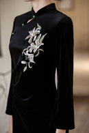 Black Orchid-Embroidered Qipao Midi | Elegant for Banquets