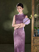 Burgundy Tonal Jacquard Sleeveless Qipao Maxi Dress | Mandarin Collar Slit Cheongsam