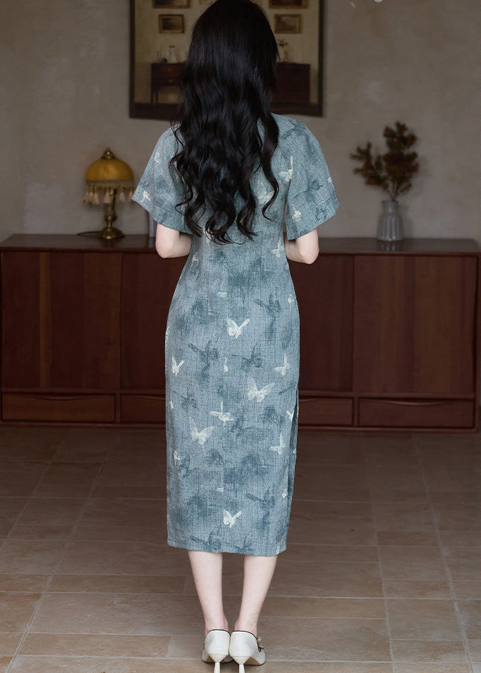 Mist-Blue Butterfly Print Modern Qipao Midi | Mandarin Collar Slim Silhouette