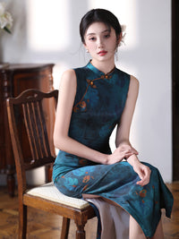 Deep Teal Floral Qipao Dress | Modern Chinese Sleeveless Mandarin Collar Slim Midi Dress
