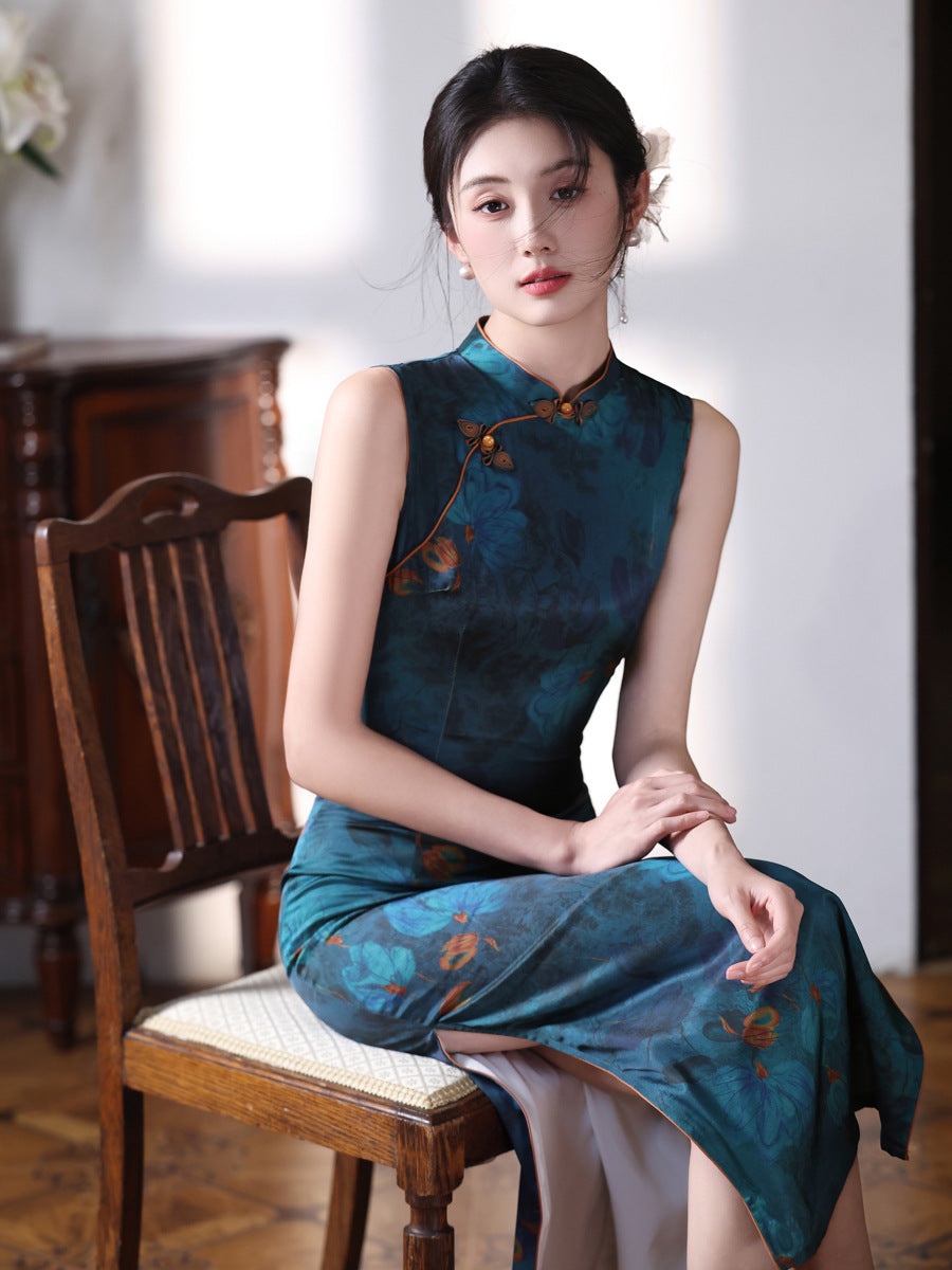 Deep Teal Floral Qipao Dress | Modern Chinese Sleeveless Mandarin Collar Slim Midi Dress