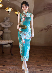 Sleeveless Long Slim Qipao Dress | Summer Ink-Style Floral