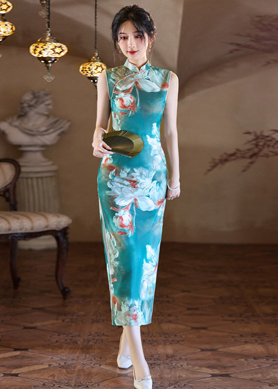 Sleeveless Long Slim Qipao Dress | Summer Ink-Style Floral