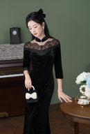 Black Lace-Paneled Qipao | Modern Mandarin, Slim Mid-Length Evening Dress