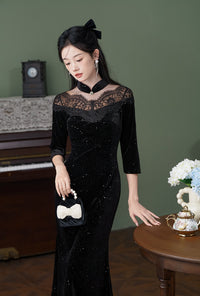 Black Lace-Paneled Qipao | Modern Mandarin, Slim Mid-Length Evening Dress