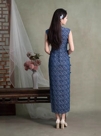 Dusty Blue Jacquard Sleeveless Long Qipao Dress | Mandarin Collar Slim Vintage Banquet Gown