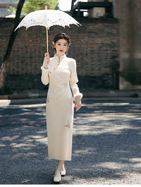 White Gold-Embroidered Winter Modern Qipao Elegant for Work & Banquets