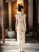 Playful Horse Print Qipao | Cream Vintage Chinese Cheongsam Midi Dress