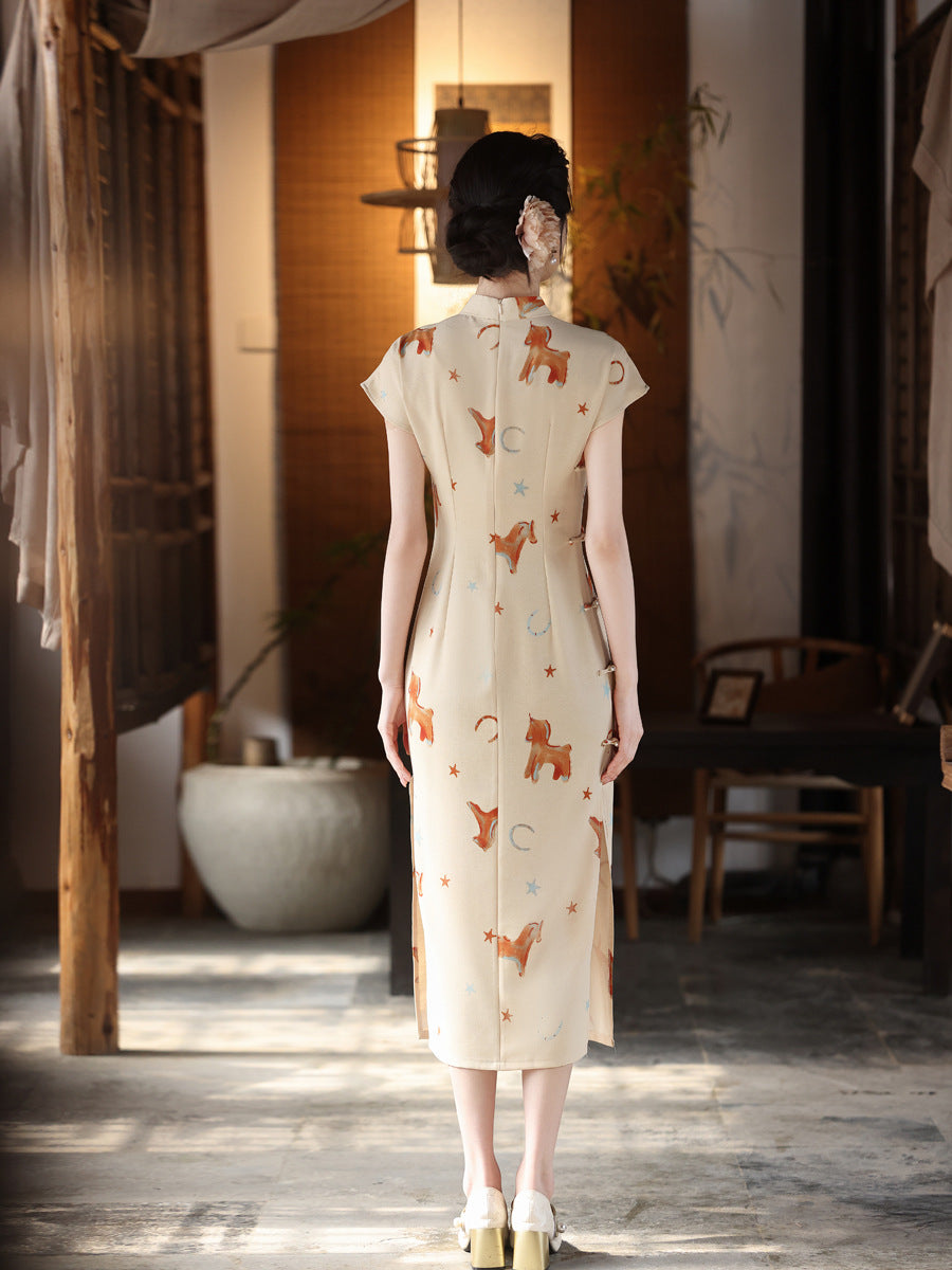 Playful Horse Print Qipao | Cream Vintage Chinese Cheongsam Midi Dress