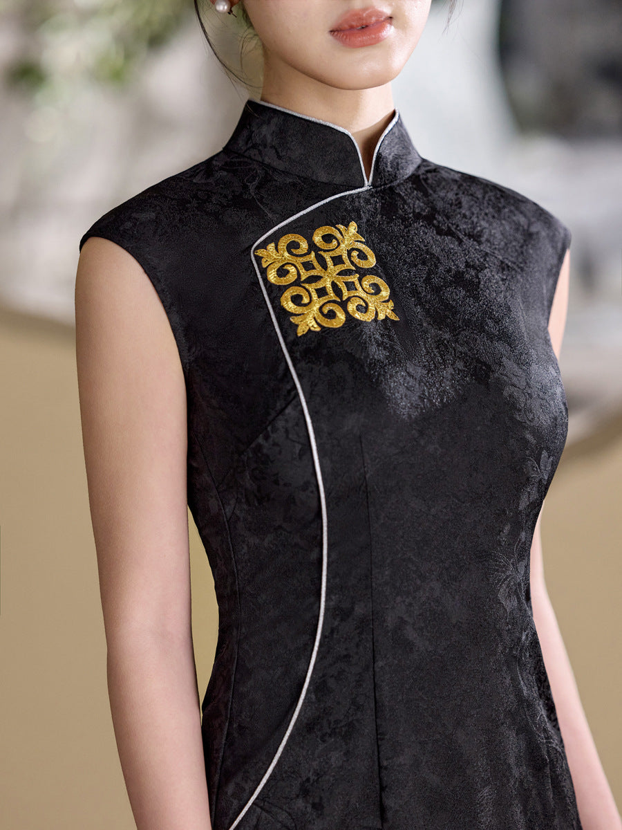 Black Gold Embroidered Sleeveless Long Qipao Dress | Elegant Side Slit Cheongsam Gown | Banquet Evening Wear